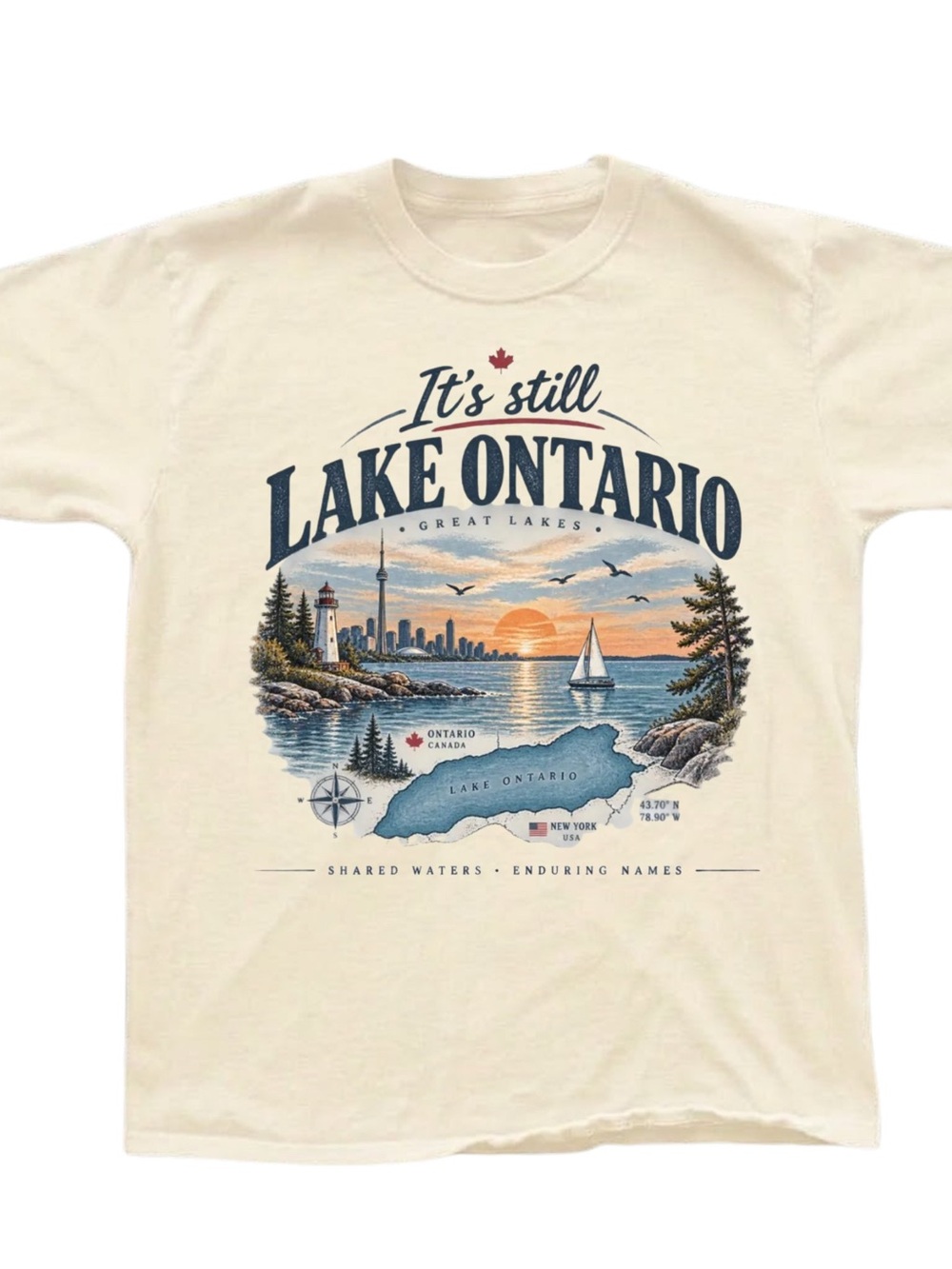 Gildan Lake Ontario Scenic Graphic Tee - Cream with Blue & Orange Print